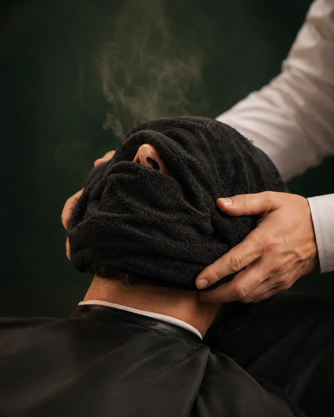 A steaming hot towel wrapped over a client's face at the end of a shave.
