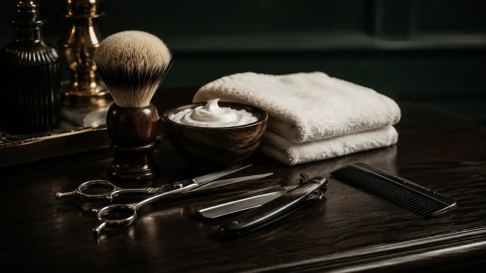Barbering tools laid out on dark wood: shears, a straight razor, comb, brush and lather bowl.